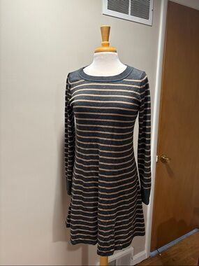 LOFT Black and Tan Striped Long-Sleeve Knit Dress